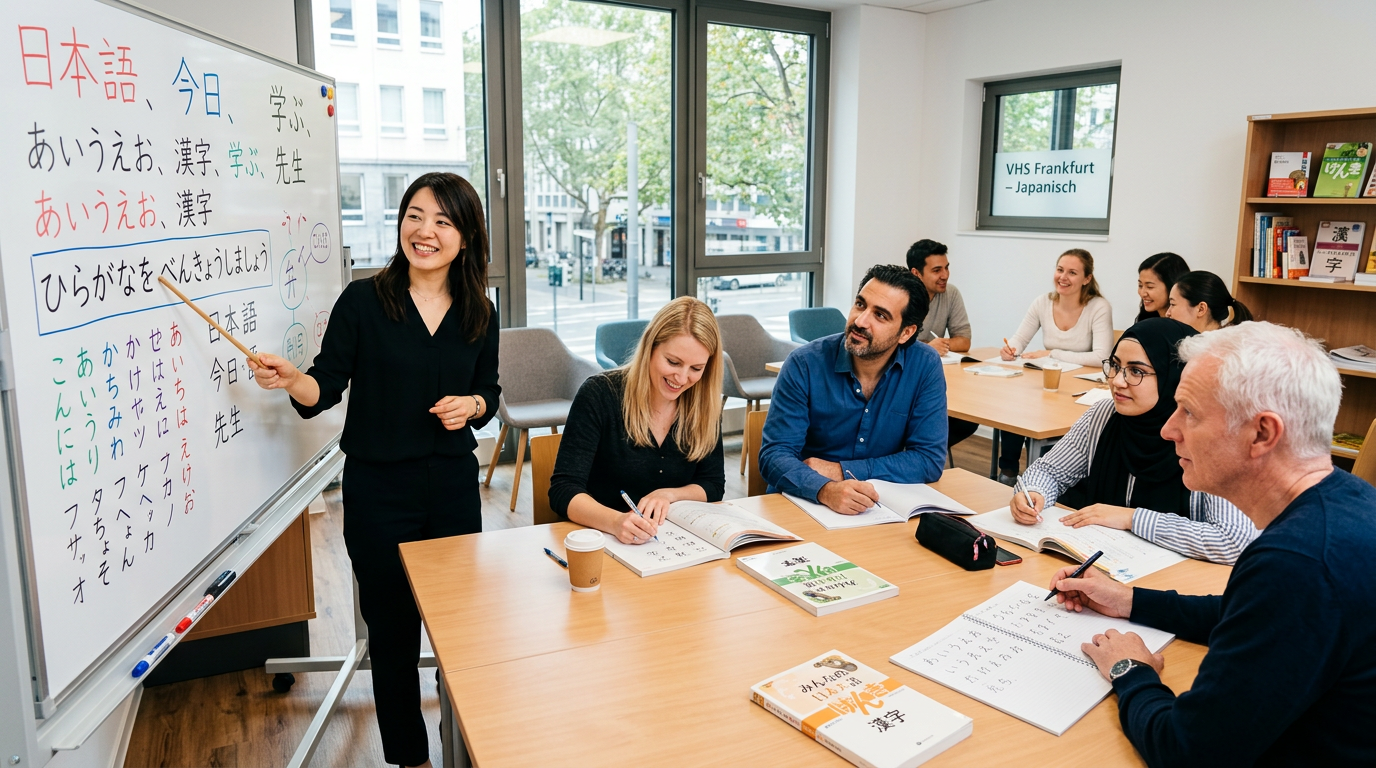 Erwachsene lernen Japanisch in einem modernen Klassenraum in Deutschland