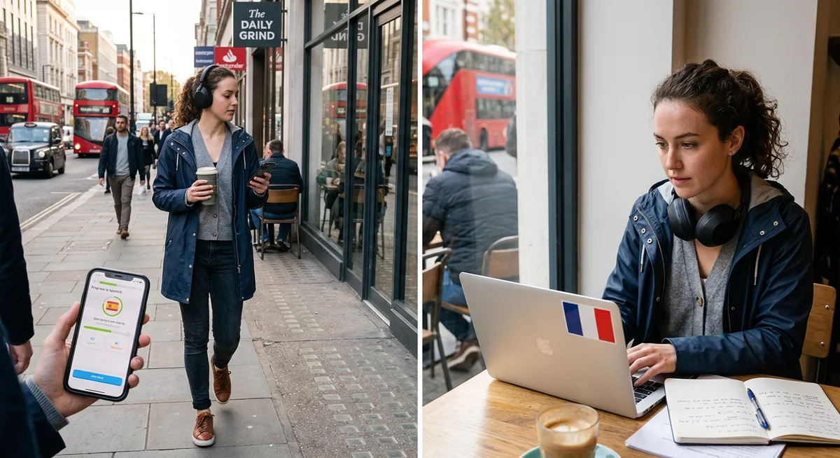 Deutsch lernen im Alltag Kopfhörer Kaffee Stadt