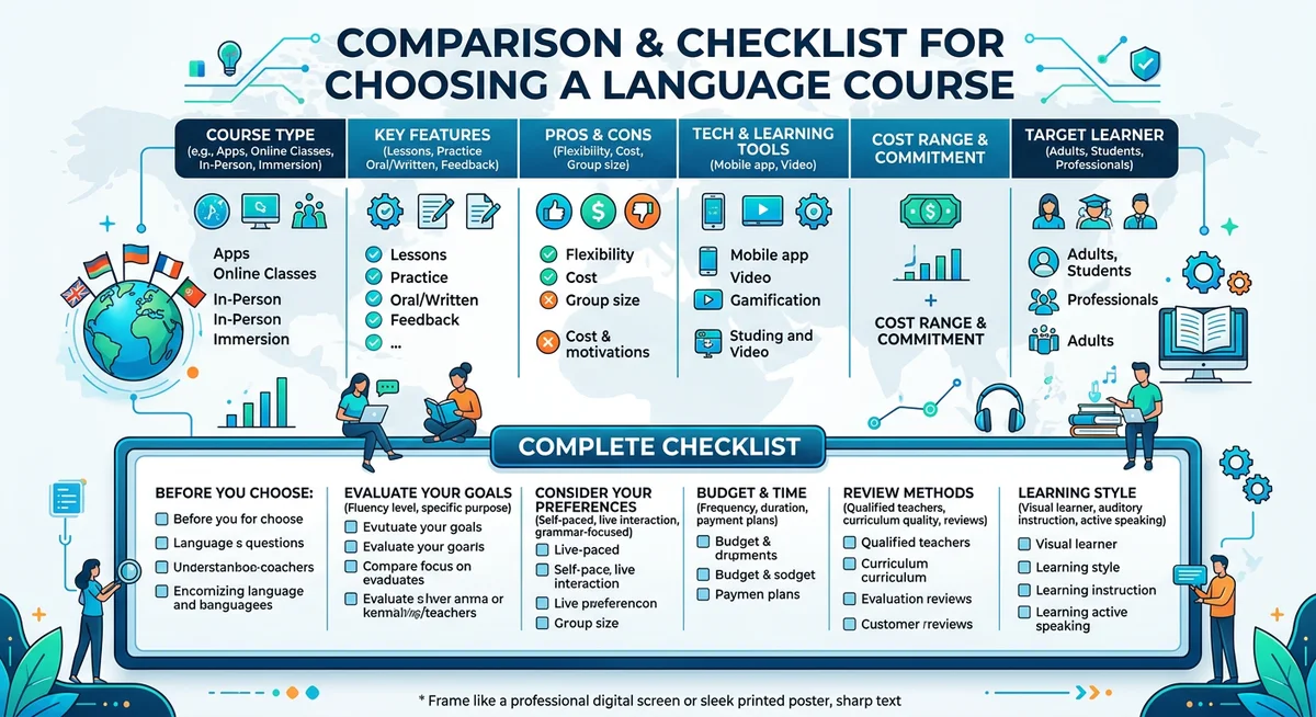 Sprachkurse vergleichen Checkliste Infografik