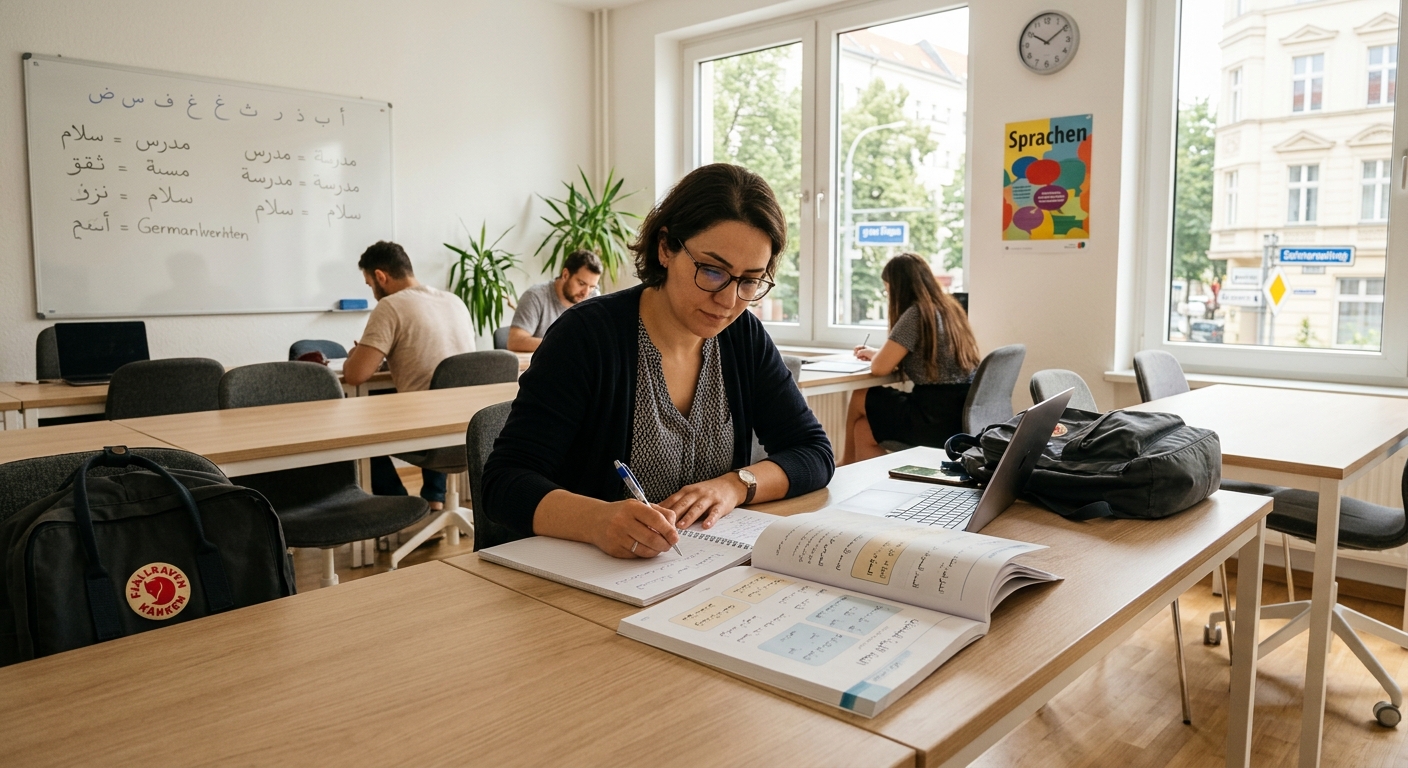 Arabisch lernen in Deutschland: Erwachsener Lernender mit arabischem Lehrbuch in einer Sprachschule