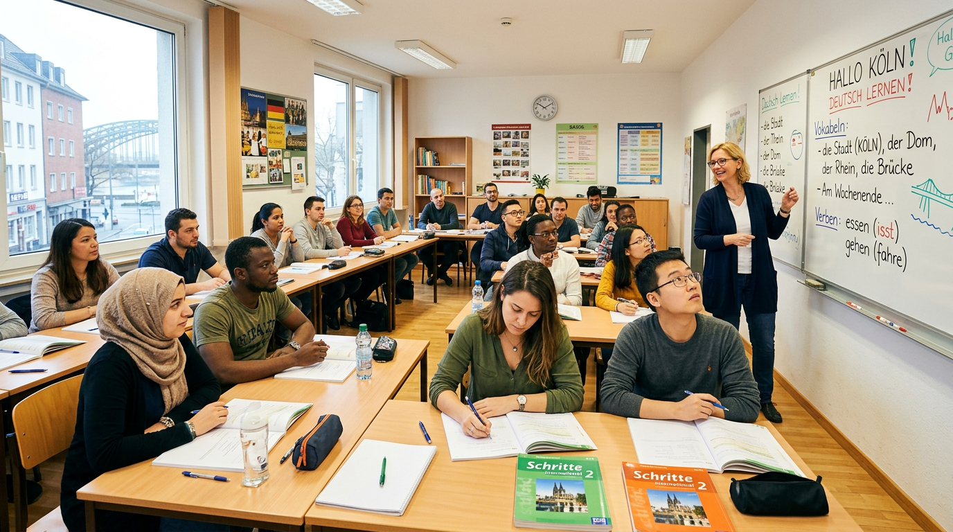 Deutschkurs Köln: Schüler verschiedener Nationalitäten in einer Kölner Sprachschule lernen Deutsch